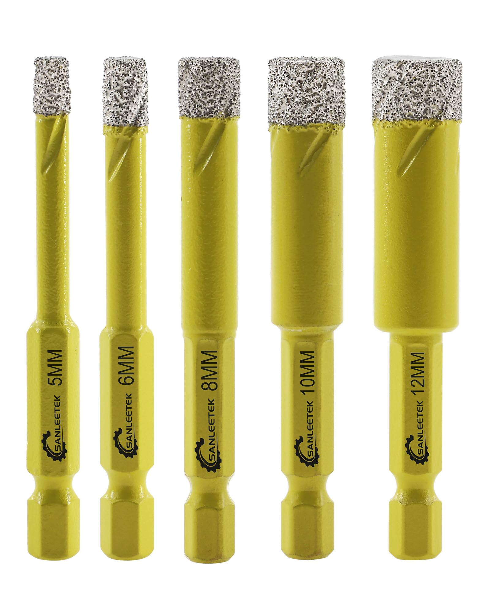 Dry Diamond Drill Bits Set - 5pcs 5/6/8/10/12mm SANLEETEK Hole Saw Kit with Quick Change Hex Shank for Marble Granite Ceramic Porcelain Tile Stoneware Quartz — image 1