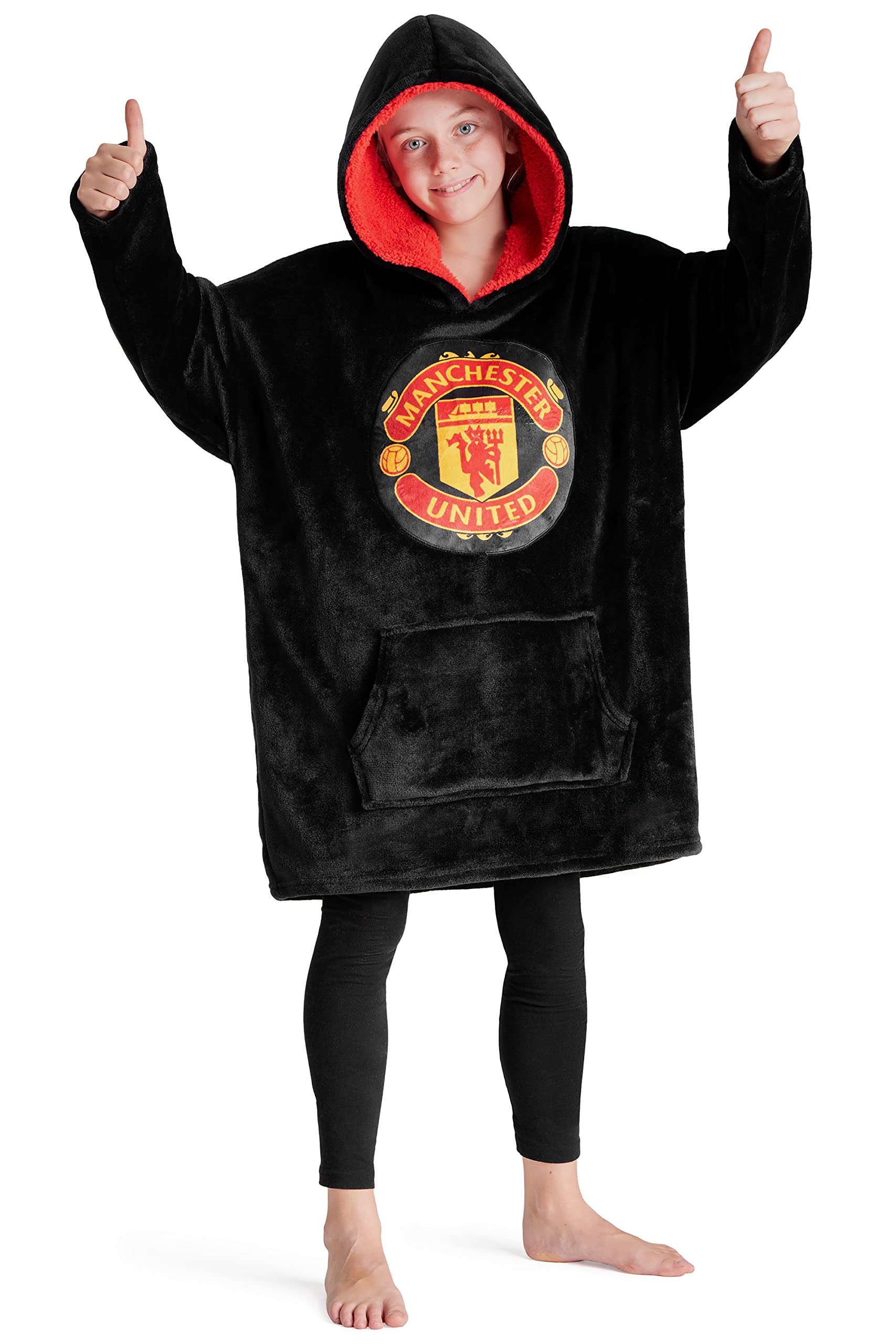 Manchester United F.C. Boys Oversized Fleece Hoodie, Hooded Poncho, Cosy Loungewear - Gifts for Boys (Black)
