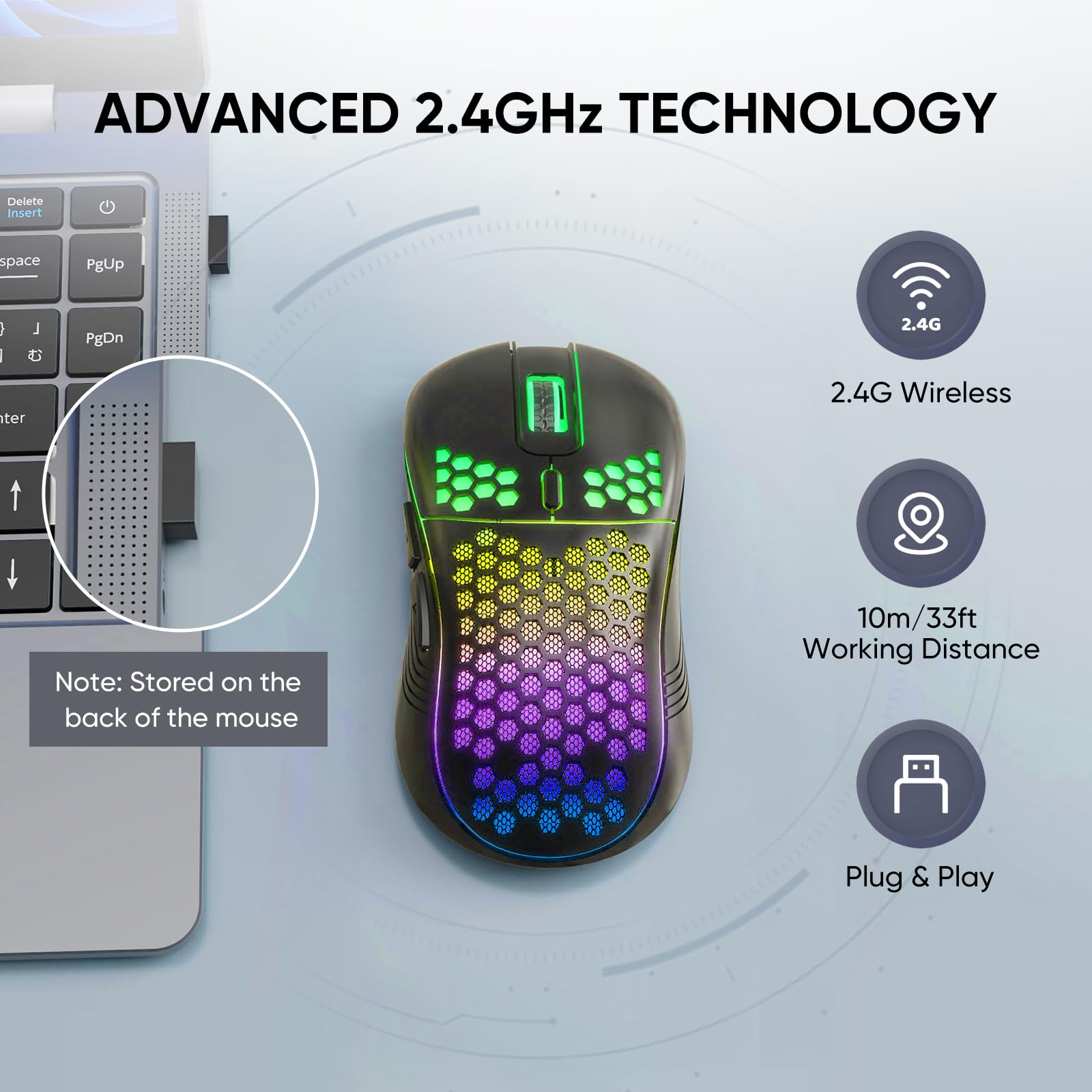 MELOGAGA Wireless Gaming Mouse Honeycomb 2.4G USB Cordless Mouse RGB Rechargeable PC Game Mice with 7-Color LED Lights，3 Adjustable DPI for Windows Laptop Desktop Computers -Black