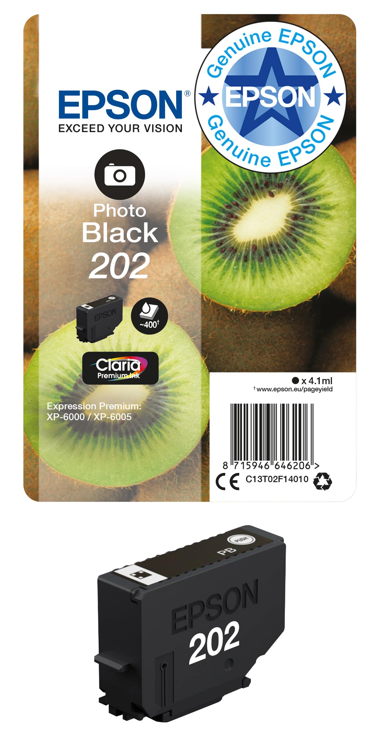 Epson 202 Photo Black Kiwi Genuine, Claria Premium Ink Cartridge, Standard Capacity