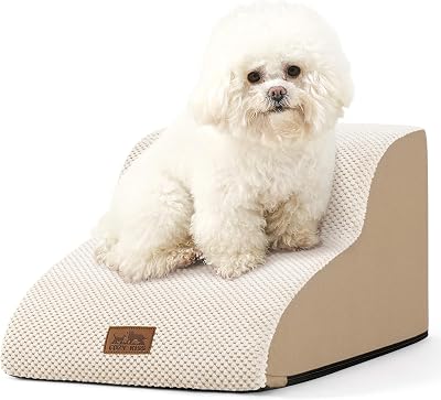 COZY KISS Dog Stairs 2 Step Beige Curved Ramp for Small Dogs