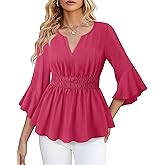 VAFOLY Womens Dressy Casual Peplum Tops Ruffle 3/4 Sleeve Henley V Neck Chiffon Blouses