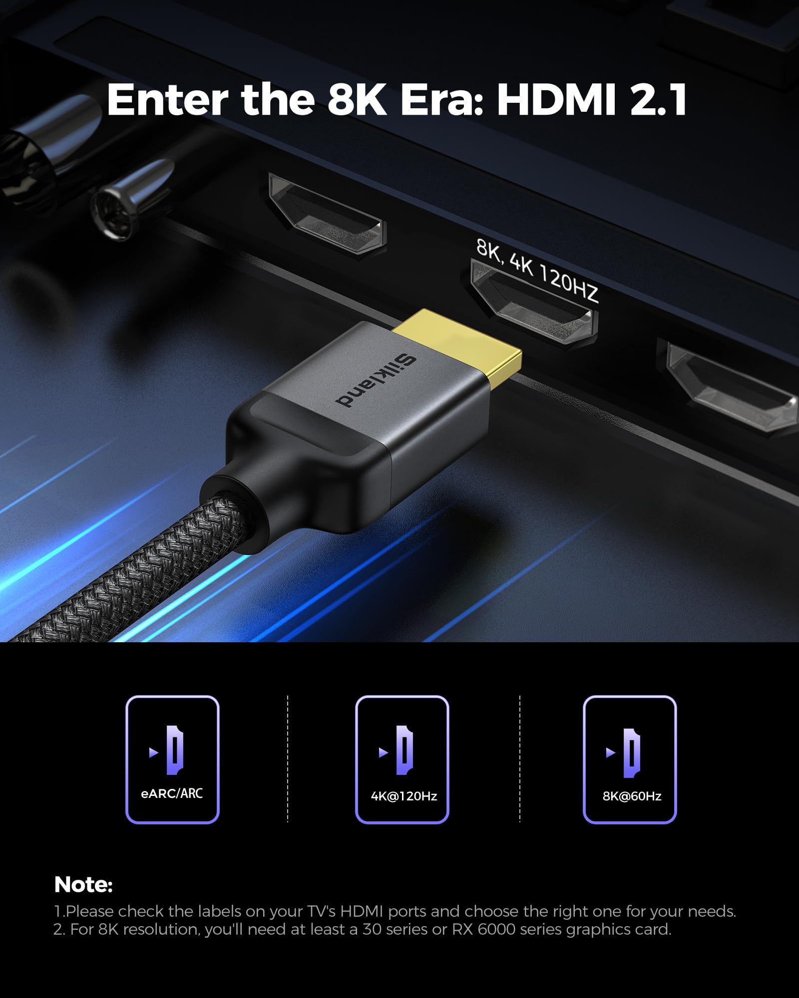 Silkland 8K HDMI Kabel 2m, Zertifiziertes HDMI 2.1 Kabel 4K@120Hz eARC HDR10+ 3D VRR 48Gbps für PS5, Soundbar, Mac Mini M4/Macbooks, OLED-TV, TV-Box, Blu-ray, Beamer, PC, Monitor, Grafikkarten RTX4090 7