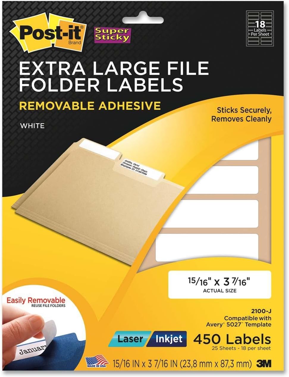 Post-it Super Sticky Removable File Folder Labels, 0.937 x 3.437 Inches, Assorted Colors, 450 per Pack (2100-I) : File Index Stickers : Office Products