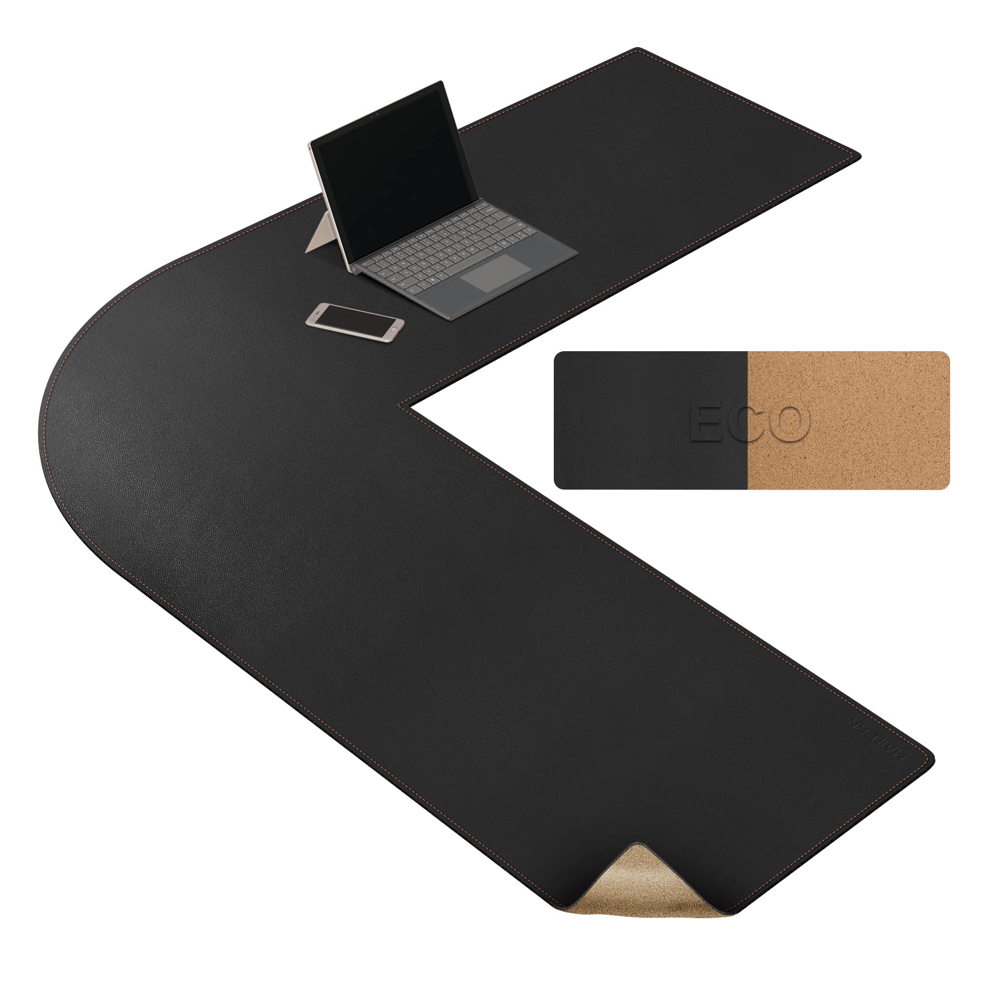 MAIDERN L Shaped Corner Desk Mat, 120x120x40cm Cork & Leather Reversible Desk Pad for Gaming Computer Office Home (Black)