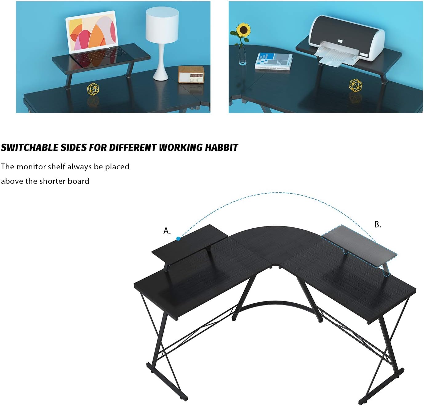 Foxemart L Shaped Desk 50.8" Computer Desk with Round Corner Modern Sturdy Gaming Home Office Desks with Large Monitor Shelf for Office, Workstation, Bedroom, Living Room, Black: Kitchen & Dining