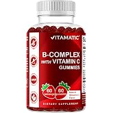 Vitamatic Vitamin B Complex Gummies with Vitamin C &amp; Inositol &ndash; 60 Count | With B12, B9, B7, B6, B5 and B3, Support Energy Metabolism &amp; Immune Health*, Natural Strawberry Flavor, Gluten Free
