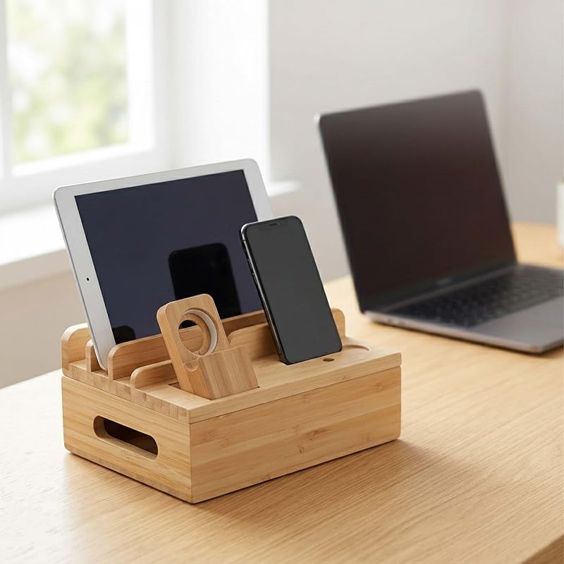 Stazione di Ricarica Multipla, Docking Station bambù, Apple Watch, Smartphone, AirPods, 11x17x13 cm, Naturale