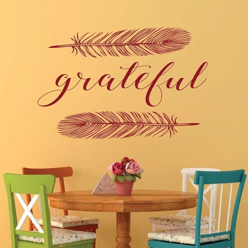 Gratitude Wall Decal Grateful Word with Feathers Design