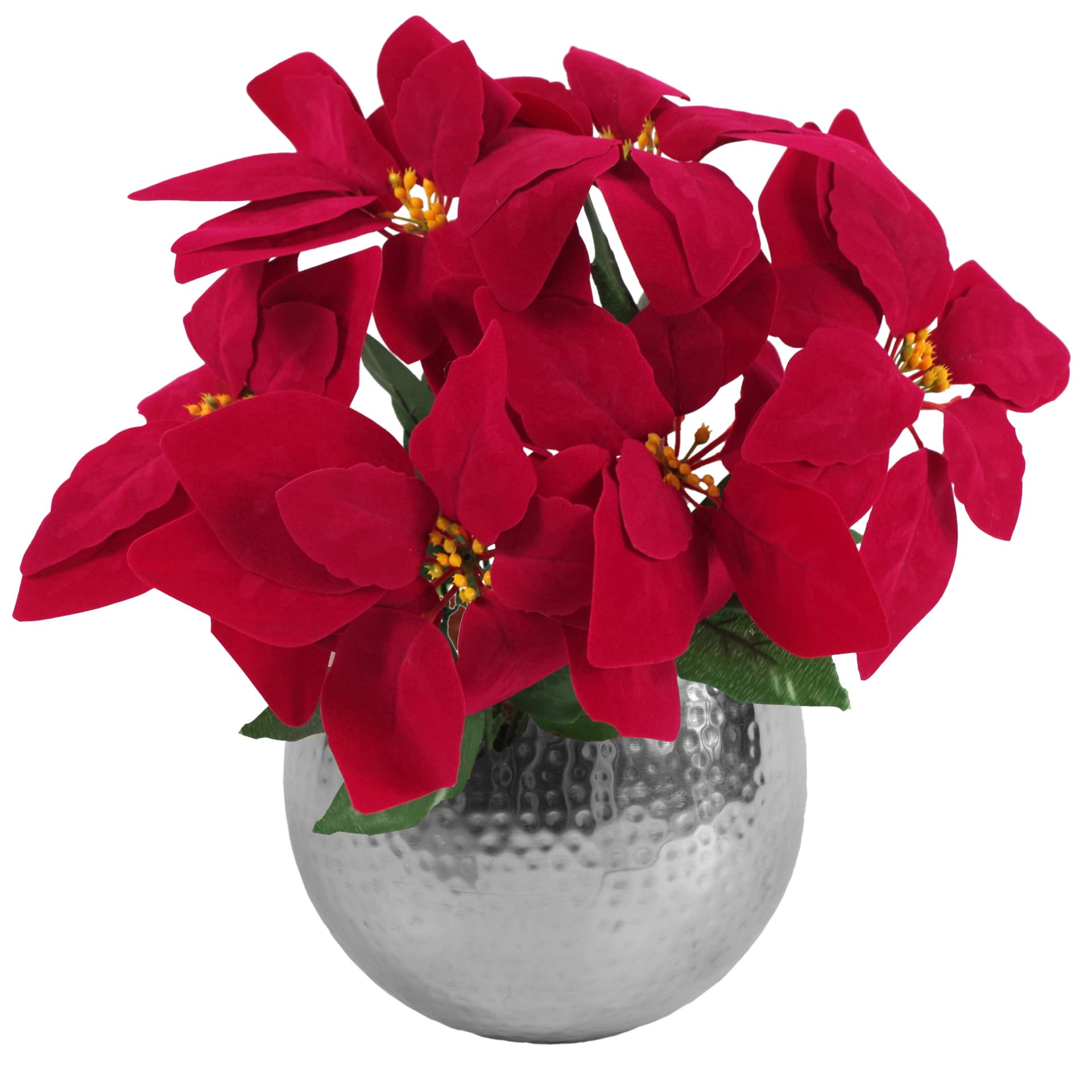 Leaf Artificial Christmas Xmas Red Poinsettia 40cm Houseplant in Pot, Silk, Silver Curved Edge