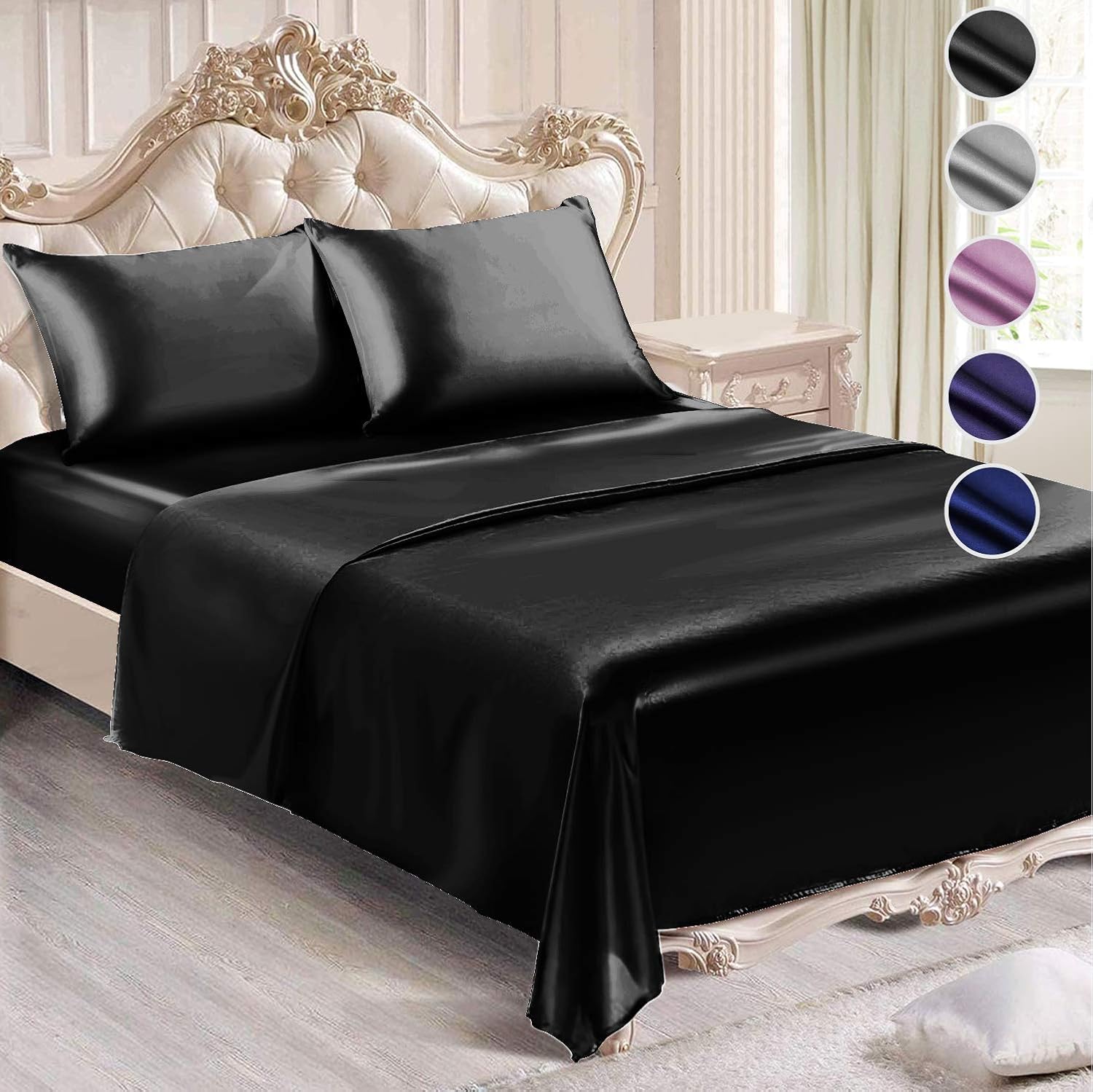 Satin Sheets Queen Size (4 Pieces, 5 Colors), Silky Satin Sheet Set -Satin Bed Set with 2 Pillowcase, Satin Fitted Sheet - Black Satin Sheets, Satin Bed Sheets Queen Set, Satin Bedding Set: Home & Kitchen