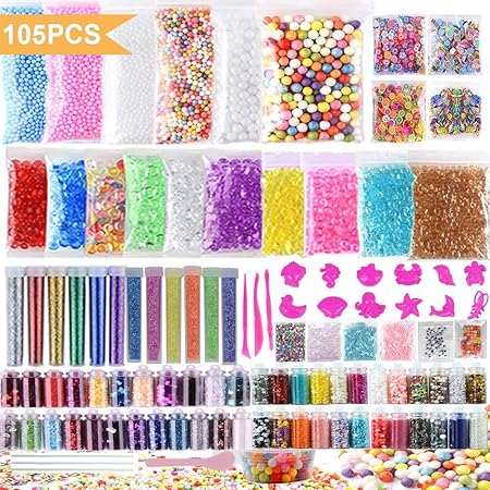 Amazon Jiudam 105個 スライム キット Diy 材料 セットおもちゃ 手作り スライム用 ビーズ 発泡スチロール 金魚鉢ビーズ 果物切片 カラフルフォーム 紙吹雪 スライムが含まれない ビーズ ストーン 通販