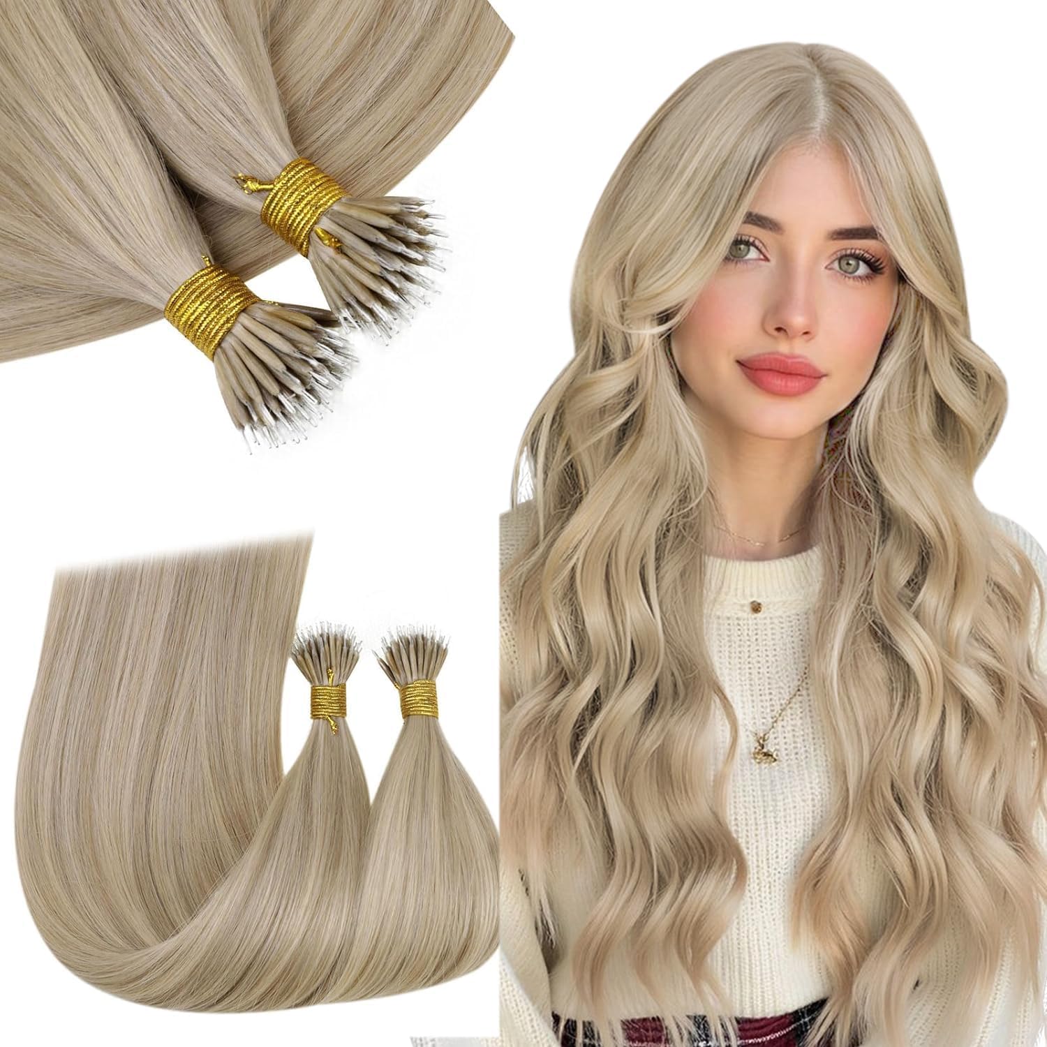 RUNATURE Nano Hair Extensions Real Human Hair Blonde Nano Beads Hair Extensions Highlight Light Brown with Ashy Blonde Invisible Nano Ring Straight Remy Hair 50s 12 Inch #16P22 — image 1