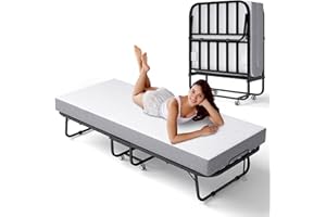 Decofy Folding Bed with Memory Foam Mattress, Portable Rollaway Guest Beds on Wheels, 75"x31" Twin Size Space-Saving Cot-Size Bed for Adults with Easy Assembly Metal Frame (White)
