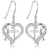 Breast Cancer Awareness Earrings Sterling Silver Cross Pink Ribbon Heart Drop Dangle Earrings Inspirational Gift Jewelry for Women Wife