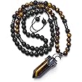 Top Plaza Natural Stone Healing Crystal Tiger Eye Stone Hexagonal Pointed Gemstone Pendant Necklace Crescent Moon Jewelry Adjustable Lava Rock Beads Necklaces for Women Men
