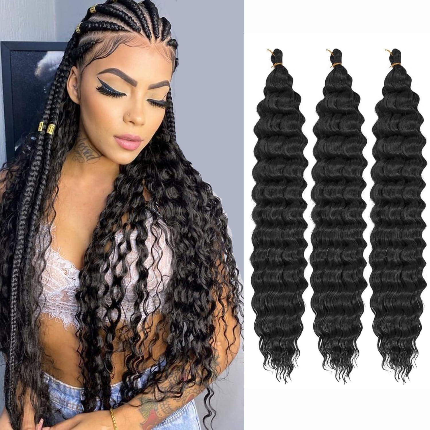 Ocean Wave Crochet Hair 3Packs Deep Wave Braiding Hair Curl Crochet Braiding Hair Extension Ocean Wave Braids Hair for women (1B#, 30Inch) — image 1