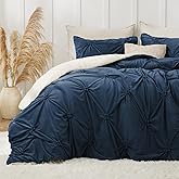 BEDELITE Pintuck Fluffy King Size Comforter Set - Super Soft Sherpa Navy Comforter for King Size Bed, Luxury Warm Bedding Set for Winter, Fuzzy Bed Set 3 Pieces (1 Comforter, 2 Pillowcases)