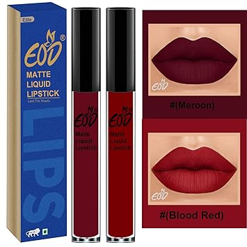 EOD Elite Collection Long Lasting Waterproof 100% Vegan Made in India Matte Liquid Lipstick Combo of 2 Lip Gloss(Maroon, Blood Red)