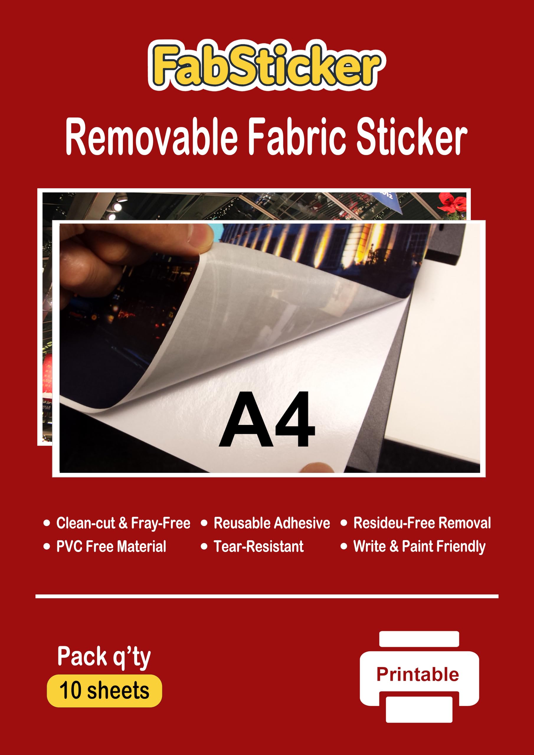 FabSticker - Self Adhesive Fabric Sticker Sheets, Removable & Repositionable Adhesive, Versatile for School, Office & Home Use, Inkjet and Laser Printable (A4x10 Sheets)