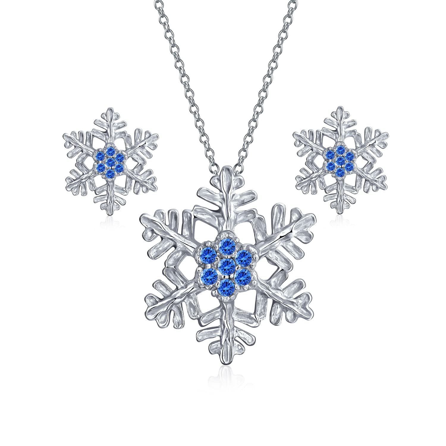 Holiday Party Winter Flower Christmas Jewelry Set Ice Blue CZ Accent Branch Snowflake Pendant Necklace Stud Earring For Women Teens .925 Sterling Silver