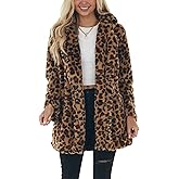 Sexyshine Women's Leopard Print Faux Fur Coat Winter Fall Lapel Collar Fuzzy Fleece Fur Jackets with Pockets