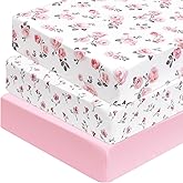 PHF 3 Pack Soft Rose Floral Crib Sheets Fitted, Silky Comfy Breathable Baby Sheets for Boys Girls, 28x52 Inches Fits Standard Crib and Toddler Mattresses, Pink Floral