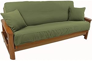 Blazing Needles Solid Twill 8" to 9" Futon Cover Set with 2 Throw Pillows (Set of 3), Full, Sage