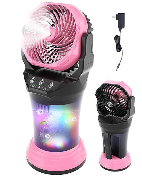 TDLOL 30000MAH MISTING FAN PORTABLE BATTERY POWERED FAN WITH 2L WATER TANK,PORTABLE MIST COOLING FANS FOR OUTDOOR CAMPING TENT TRAVEL-120°AUTO OSCILLATING,4 WIND SPEEDS & SPRAY MODES,RGB LIGHT PINK
