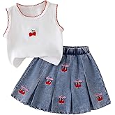 Verdusa Girl's 2 Piece Cute Cherry Outfits Crew Neck Tank Top and Pleated Denim Mini Skirt Set