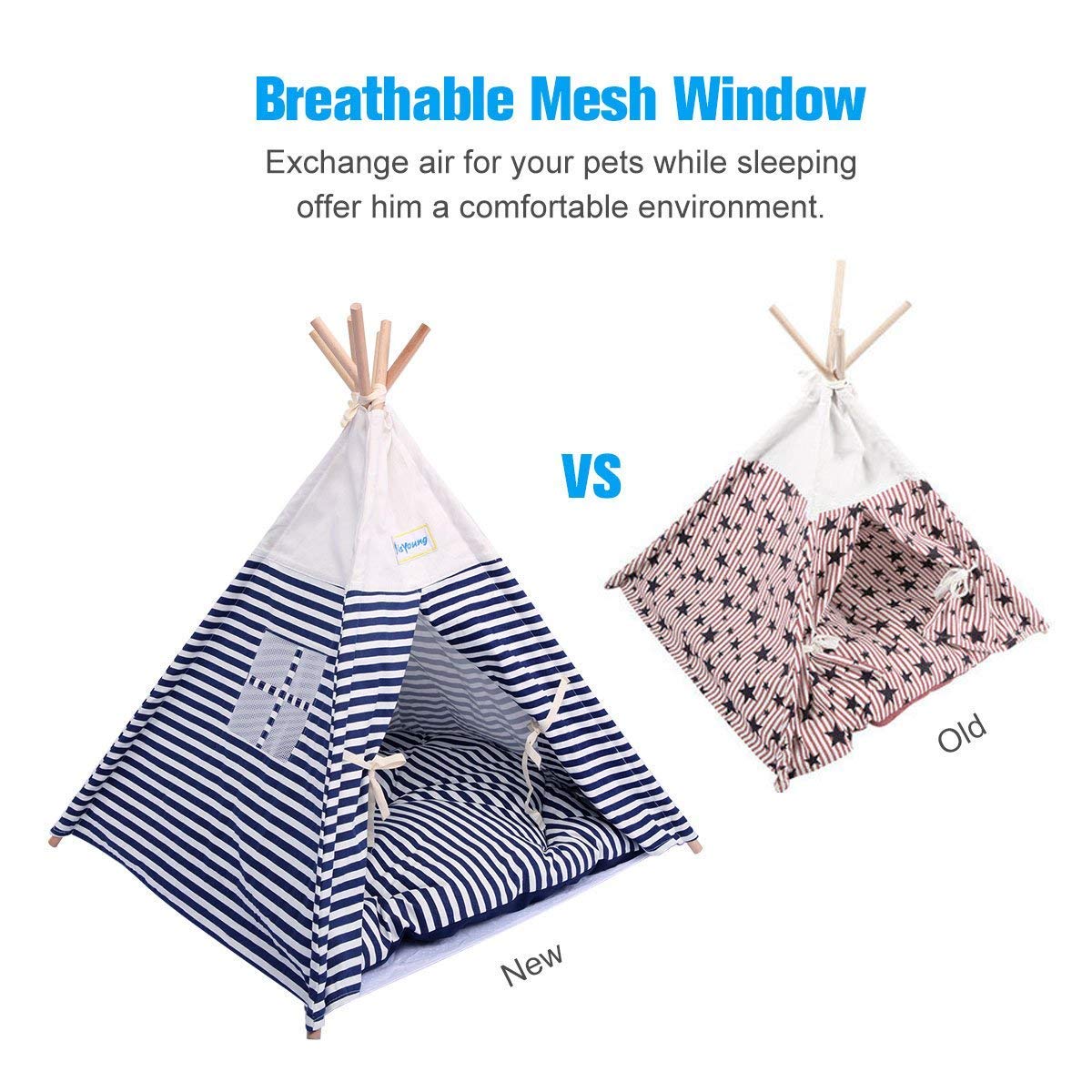 isYoung Pet Tent Bed, Pet Teepee House for Cats and Little Dogs Washable Navy Stripe Style with Breathable Mesh Window - Come with A Mat, Used All Year