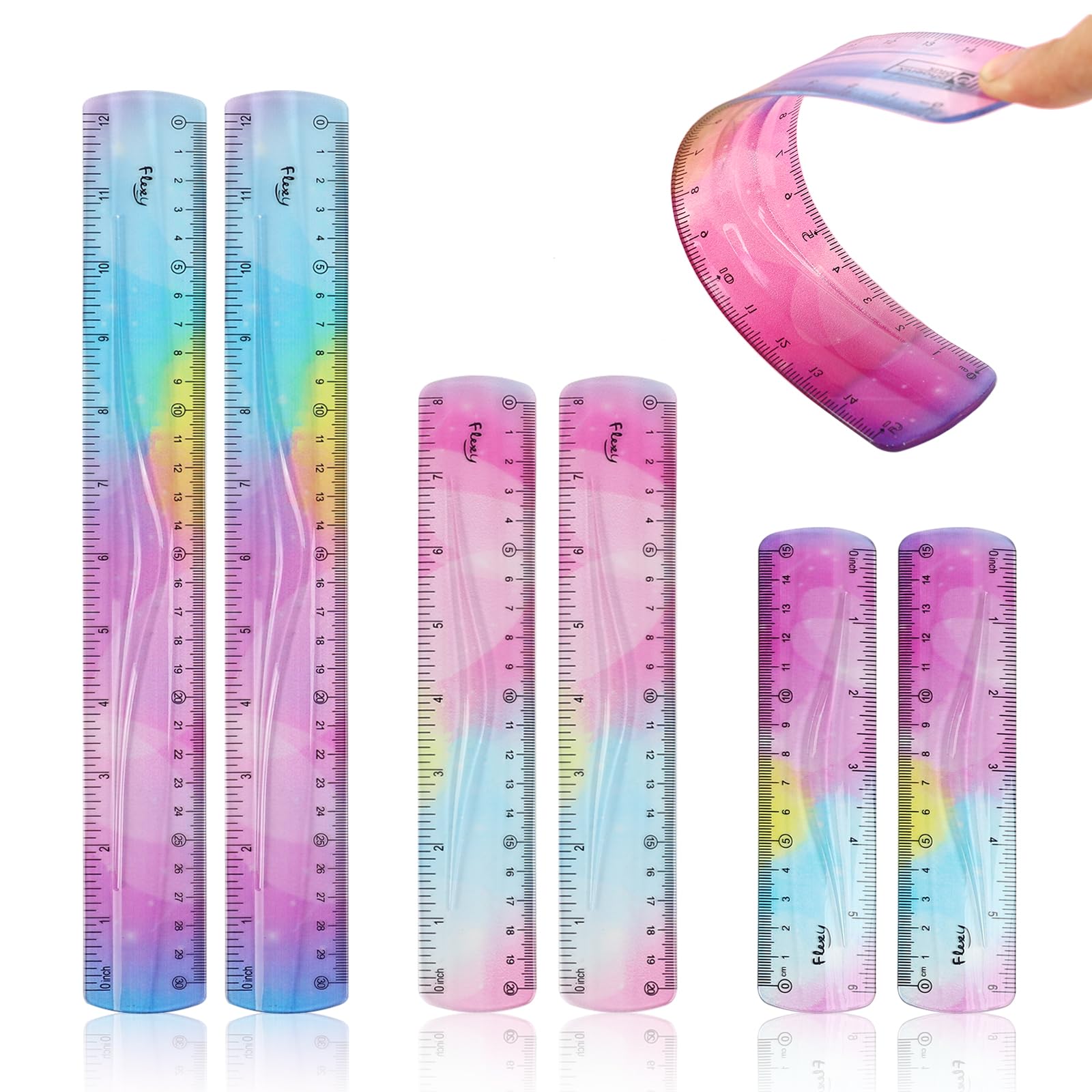 SacJkt 6 Pieces Ruler Set, Folding Ruler 30cm/20cm/15cm, Colorful, Soft, Shatterproof Bendable Rulers for School, Office, Home