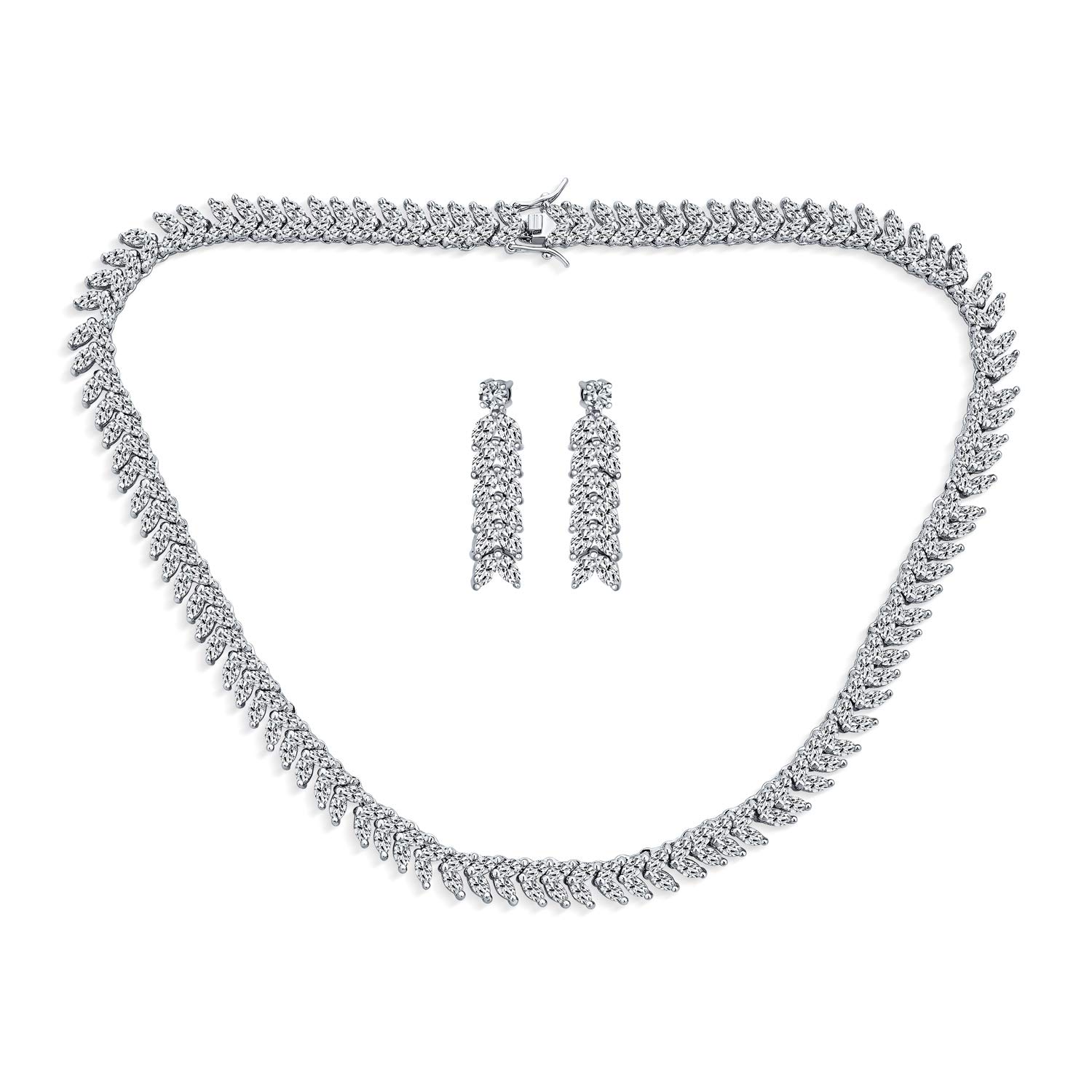 Art Deco Style Fashion Bridal Multi Marquise AAA CZ Statement Collar Tennis Necklace Matching Chandelier Dangle Earrings Jewelry Set For Women Wedding Prom Pageant Silver Plated