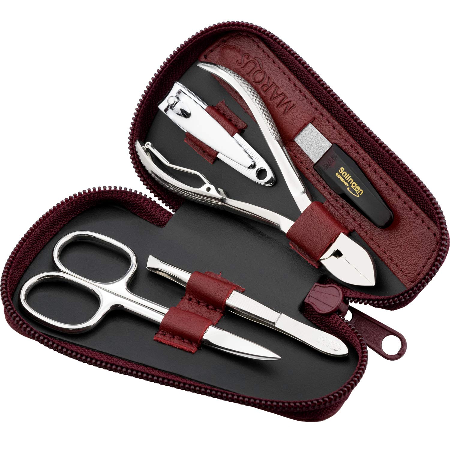 Marqus Manicure Set for Women and Men - 5-Piece Grooming Kit with Nail Nippers and Clippers - Real Leather Case - Perfect for Travelling or as a Gift, Red