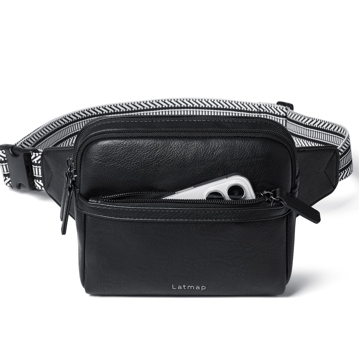 LATMAP 3L Fanny Pack Bumbags for Women Men 4-Zipper Pockets Belt Bag Sling Waist Pack Faux Leather Chest Bag Black