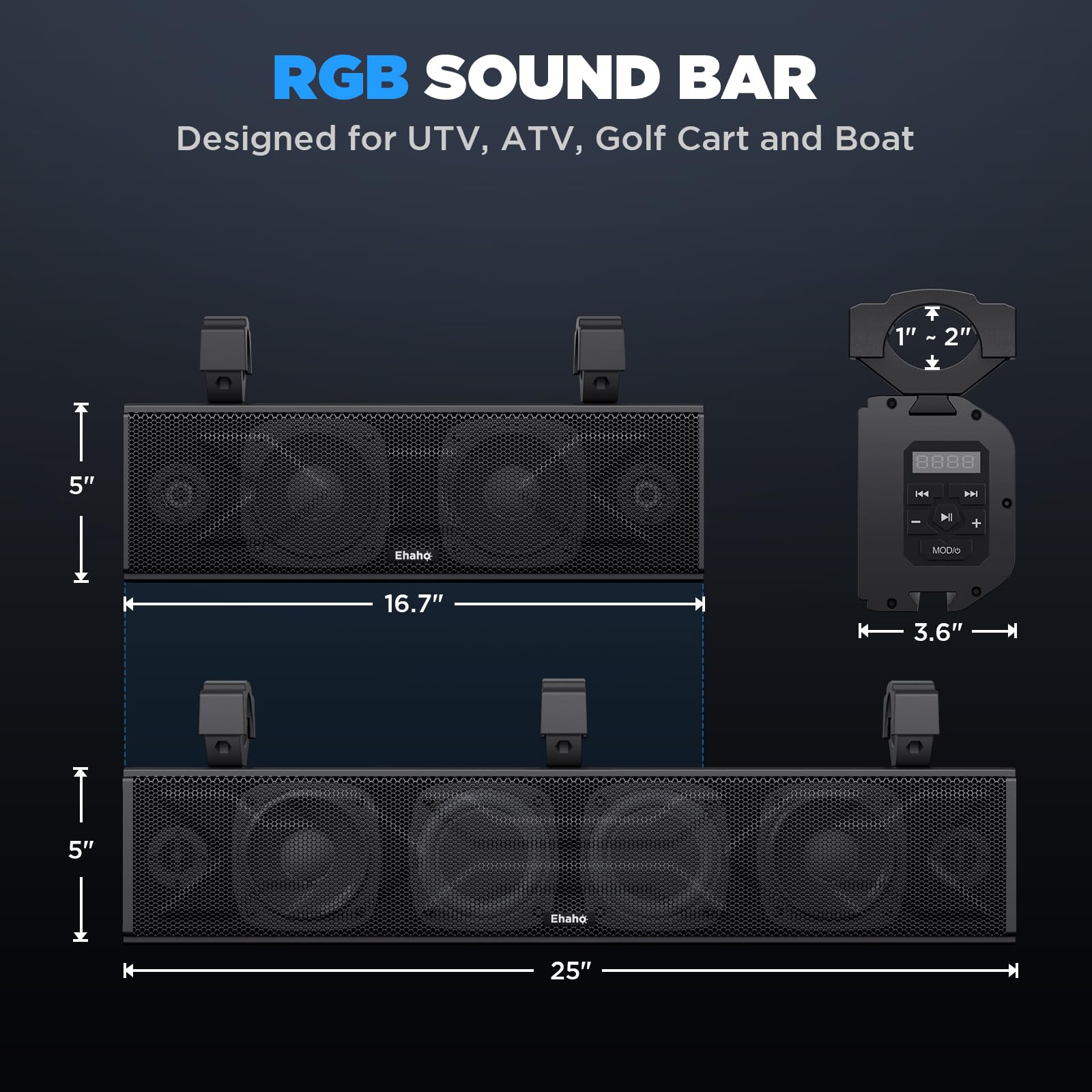 Ehaho 17 Inch UTV Sound Bar, ATV SoundBar Bluetooth with RGB Lighting, IP66 Waterproof Golf Cart Sound Bar, Amplified Powersports SXS SoundBar, UTV Speakers Compatible with Polaris RZR Can-Am (MT4100)