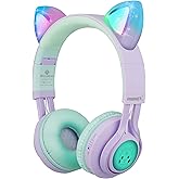 Riwbox Kids Wireless Headphones, CT-7S Cat Ear Bluetooth, 85dB Volume Limiting, LED Light Up Over Ear with Microphone for Laptop/PC/TV (Purple&Green)