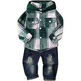 ODIMAME Toddler Baby Boy Fall Winter Clothes Long Sleeve Plaid Hooded Sweatshirt Ripped Holes Jeans Set 1-5 Years Old