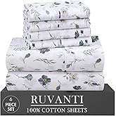 RUVANTI 6 Pcs Cotton Sheets - 100% Natural Cotton Soft, Lightweight & Breathable Crispy Percale Bed Sheets, Queen Sheet Set 16" Deep Pockets, Coastal Blue