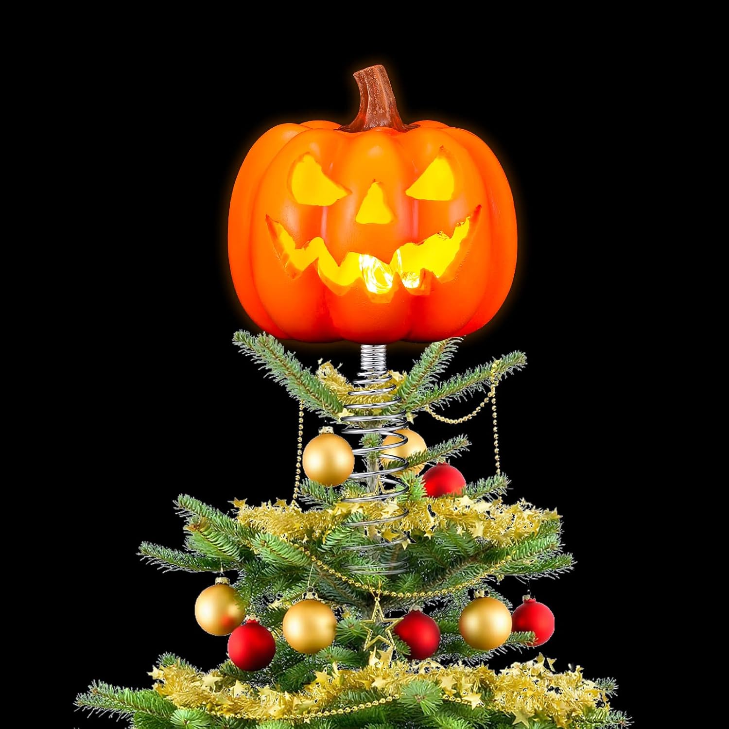 Tree Toppers - Vicenpal Halloween Tree Topper Pumpkin Ornaments Ornament with Lights 3.9 Inches LED Decorations for Trees Outdoors Tabletop Decoration, Battery Include (Scary Style)