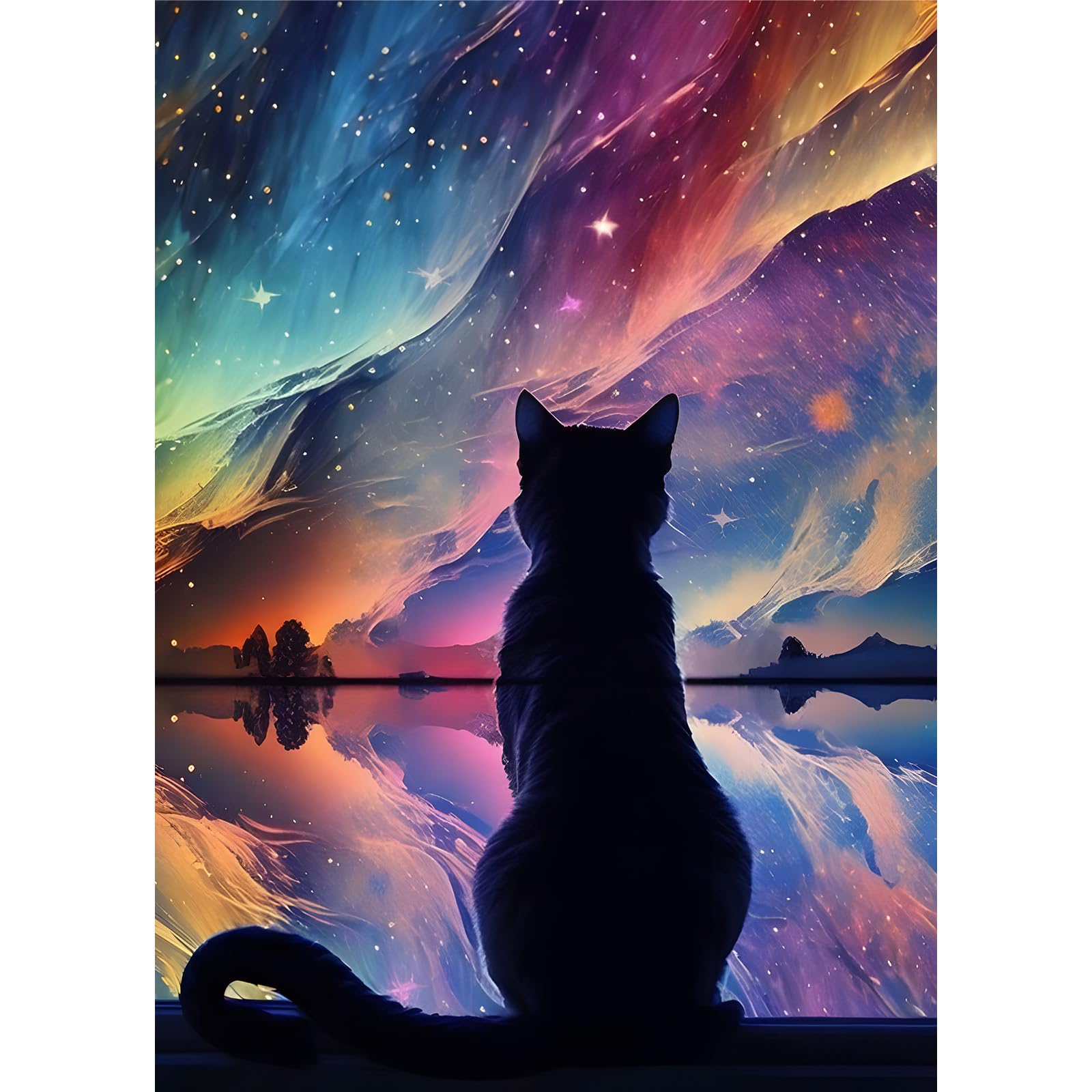 EOBROMD 5D Cat Diamond Painting Kits for Adults, Full Round Drill Starry Sky Diamond Art Crystal Rhinestone Art Craft for Home Decor Gifts 30x40cm
