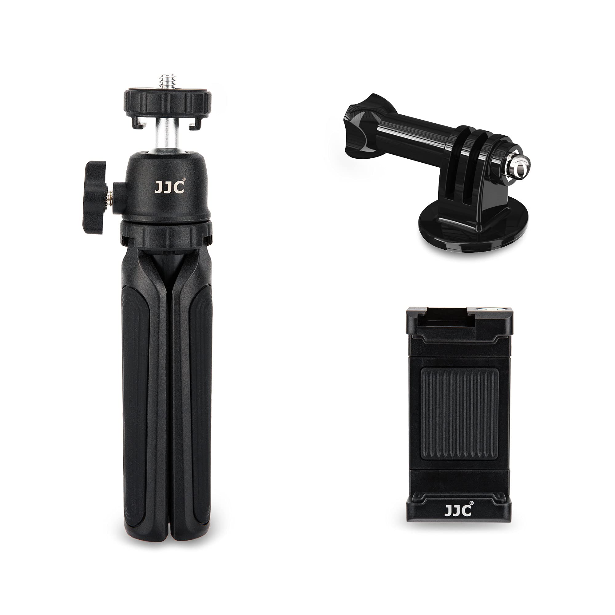 JJC 3IN1 Extendable Hand Grip & Mini Tabletop Travel Tripod Stand - with Mobile Phone Holder Clip & GoPro Mount for Gopro Hand Grip, Compact Cameras Handgrip, Phone Handheld Selfie Stick