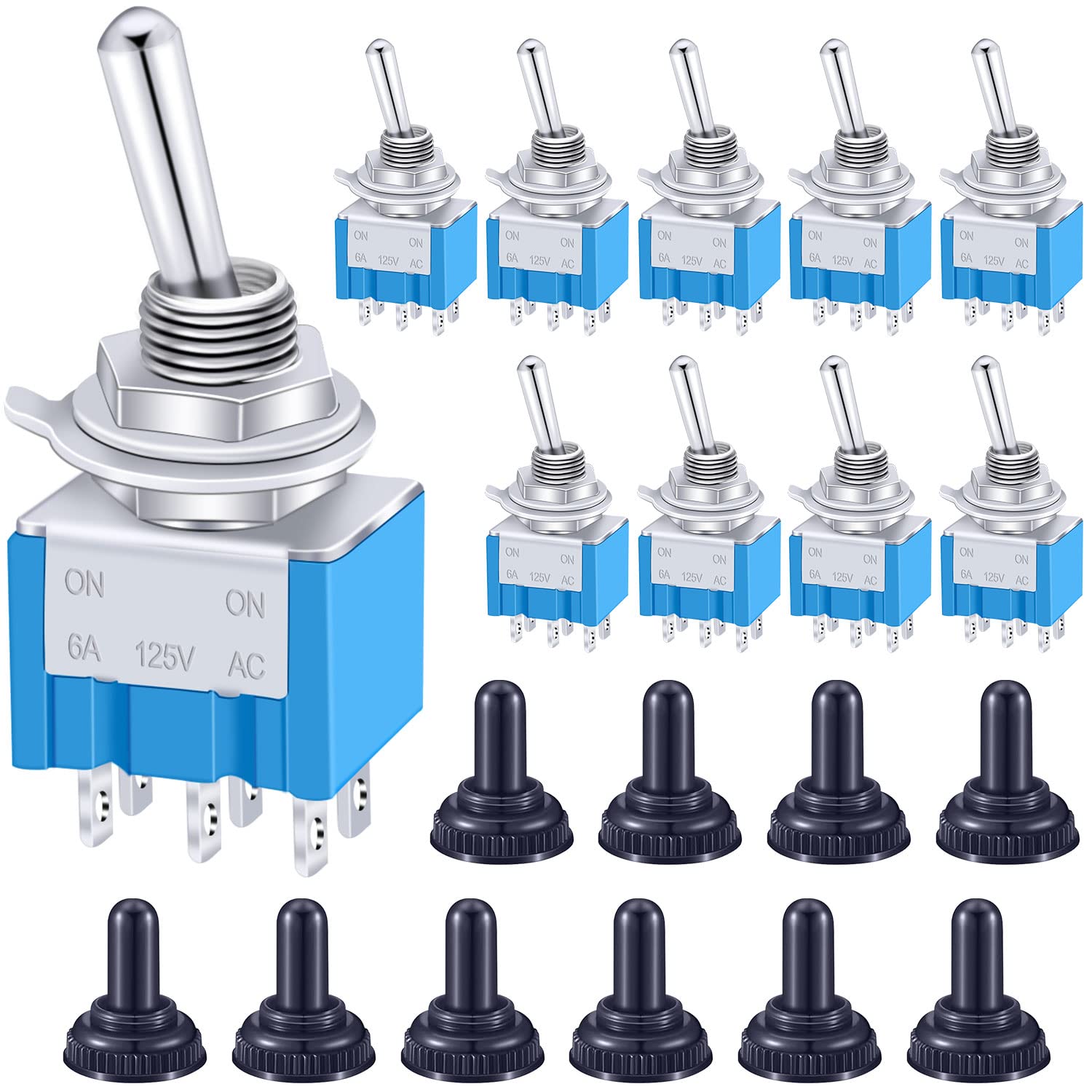 Taiss/10 Pcs MTS-202-MZ AC 125V 6A Amps ON/ON 6 Terminals 2 Position DPDT Toggle Switch + 10pcs Waterproof Cap
