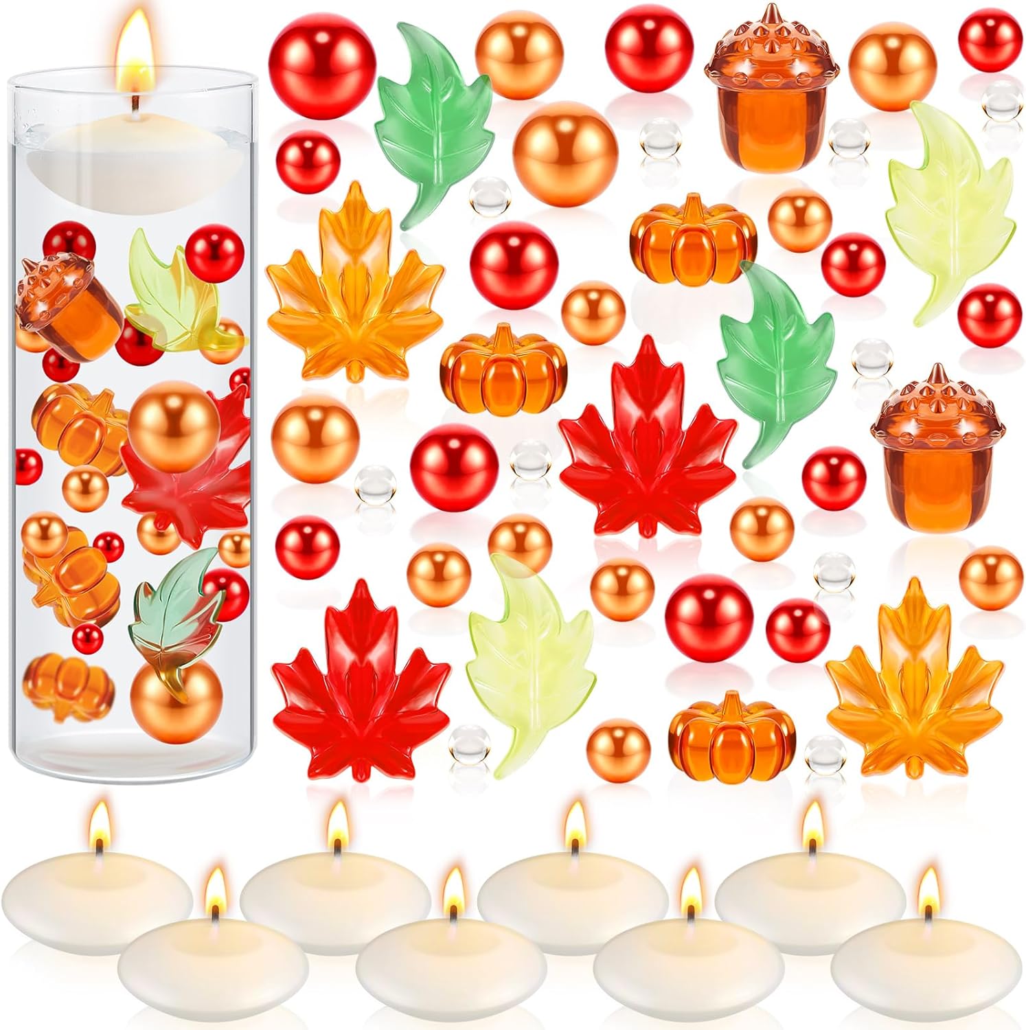 Vase Fillers - MTLEE 2124 Pcs Thanksgiving Vase Filler Faux Pearl for Vase Filler with 8 White Unscented Candles 2000 Water Gel Beads for Thanksgiving Fall Home Table Party Festival Decors (Mixed Leaves)