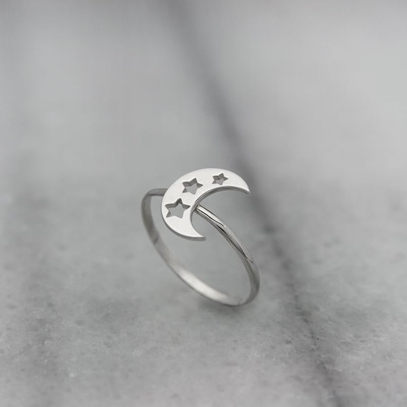 Moon Star Ring, Gold Moon Ring, 9k, 14k, 18k White Gold Ring, Crescent