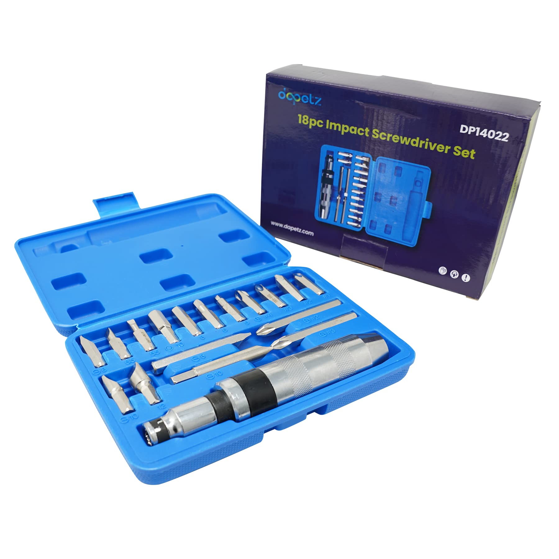 Dapetz ® 18pcs Impact Screwdriver Set, Manual Reversible Impact Driver Kit with 1/2-Inch Square Drive, Magnetic Phillips and Slotted Bit, Damaged Screw Extractor