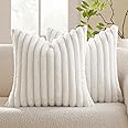 MIULEE White Throw Pillow Covers 18x18 Inch Set of 2 Fuzzy Striped Soft Pillowcase with Velvet Back Faux Rabbit Fur Cushion C