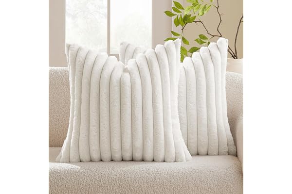 MIULEE White Throw Pillow Covers 18x18 Inch Set of 2 Fuzzy Striped Soft Pillowcase with Velvet Back Faux Rabbit Fur Cushion C