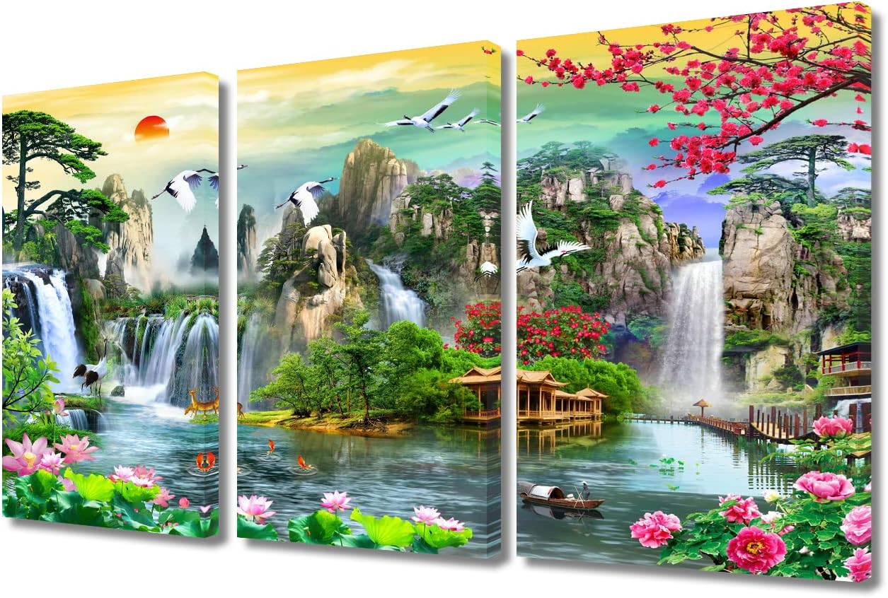 Paintings - 3 Panel Chinese Style Waterfall Landscape Wall Decor Living Room Mountains Sailboat to the Horizon Painting Wall Decor for Bedroom Morning Landscape Modern Home Decor Framed Ready to Hang (36