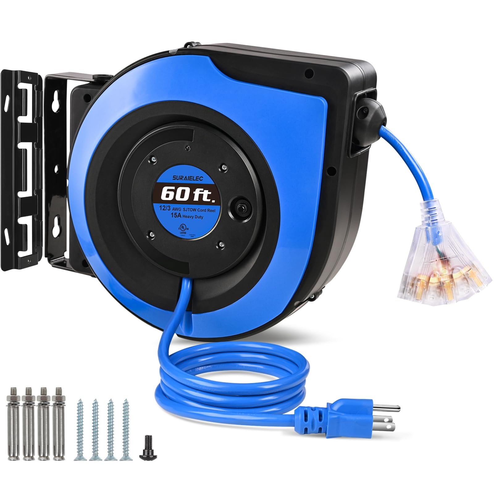 Photo 1 of SURAIELEC 12 Gauge Retractable Extension Cord Reel, 60 FT 12 AWG/3C SJTOW Heavy Duty Power Cord, 3 Outlets Triple Tap, 15 AMP Circuit Breaker, Ceiling/Wall Mount, UL Listed